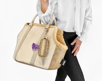 Dog Purse Carrier: Small Pet Carry Handbag Beige Gold, Luxury Puppy Tote Bag XS