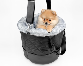 Hundetasche 2-in-1 für Reisen: Hundetragetasche Hundebett Schwarz mit Fell, Hundereisetasche fürs Flugzeug mit Netz