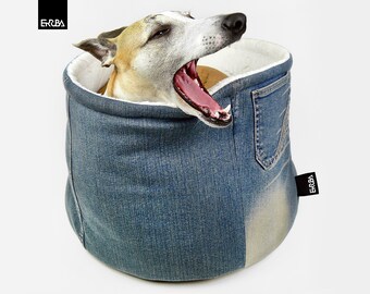 Snuggle sack dog bed for small dogs, denim pet bed round, greyhound cuddle dog bed