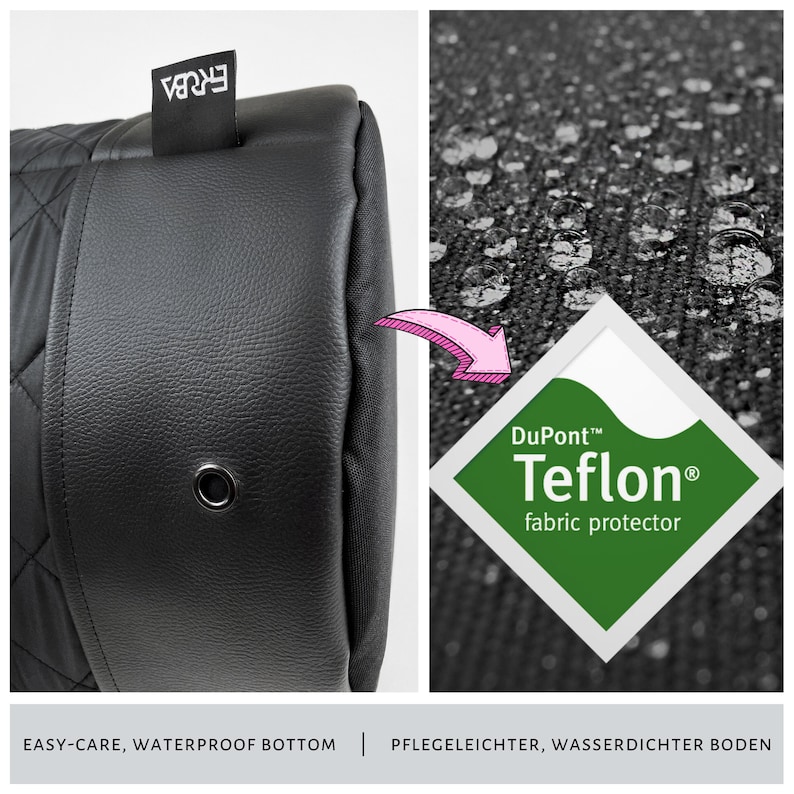 Pet carrier bag with water and dirt repellent bottom in black