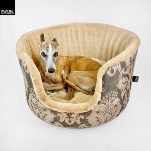 Elegant dog bed round with high sides, luxury pet cave velvet, puppy snuggle sack beige