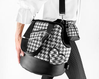 Dog Carrier Handbag: Small Pet Shoulder Bag XS, Luxury Dog Carrying Purse Houndstooth