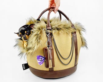 Fur Dog Carrier Purse: Pet Carry Tote Bag Canvas, Luxury Puppy Handbag Toy Breeds