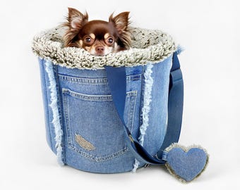 Denim Dog Carrier: Small Pet Tote Bag with Teddy Fur, Jean Puppy Pouch Carrier