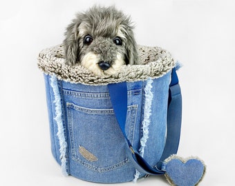 Denim dog carrier, small pet travel bag with teddy fur