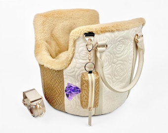 Luxury Dog Carrier Tote Bag XS: Small Pet Purse Handbag Beige Gold