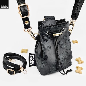 Dog treat bag with shoulder strap + belt clip, small black pet training pouch with hook