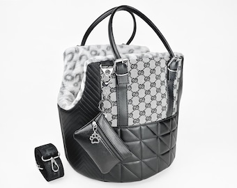 Designer Dog Purse XXS: Luxury Pet Carrier Tote Bag Black & Gray for Small Breeds