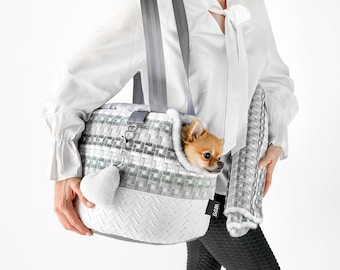 Dog Carrier Bag & Blanket: Soft Pet Travel Tote Small Dogs, Puppy Purse Gray White