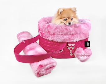 Pink 2-in-1 Dog Carrier & Dog Bed with Blanket: Small Soft Pet Travel Bag Plush