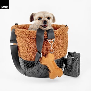 Dog carrier pouch bag small, bouclé pet carrying purse rust brown, portable puppy travel bed