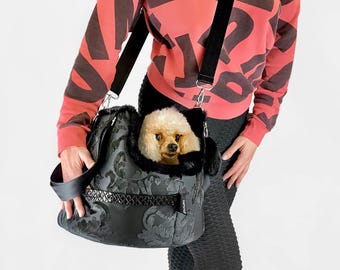 Sac à main en bandoulière pour chien : petit sac de voyage pour animal de compagnie noir, fourre-tout pour chiot de compagnie aérienne