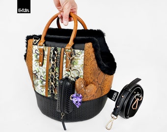 Luxury dog carrier purse, small pet tote bag vegan leather, designer dog handbag with shoulder strap