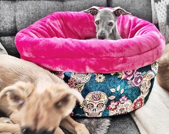 Small dog bed round, dog snuggle sack with washable pillow, pink pet bed, cute greyhound dog cuddle bed