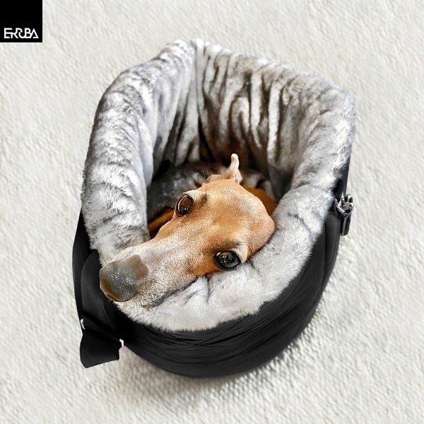 Hundetasche + Bett, Hundekörbchen to go, Hundereisetasche mit Fell, Windhund Tasche für unterwegs