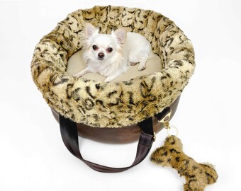 2-in-1 Dog Carrier Bed: Small Pet Travel Bag with Leopard Print Plush Brown Beige