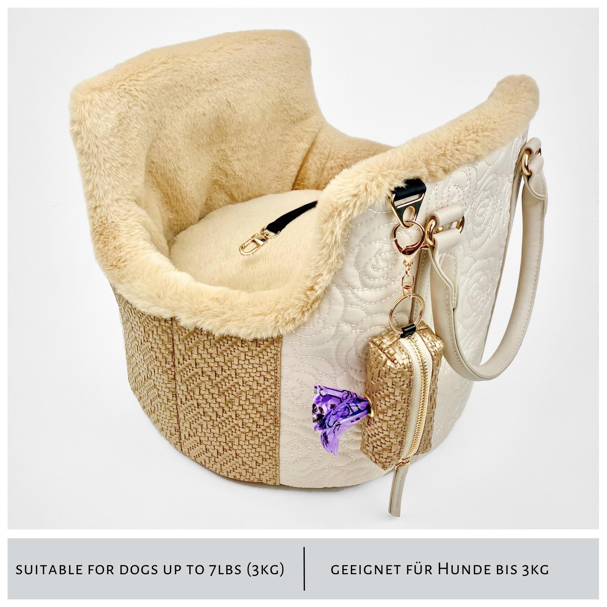 Luxury Dog Carrier Tote Bag XS: Small Pet Purse Handbag Beige Gold