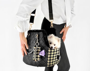 Designer Dog Purse Carrier: Small Pet Travel Tote Bag Black Gold with Shoulder Strap