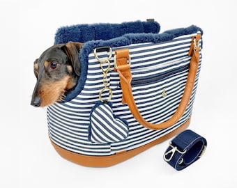 Canvas Dog Carrier Bag: Pet Travel Tote Blue & White Striped, Mini Dachshund Handbag