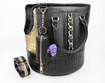 Designer Dog Carrier: Luxury Black & Gold Pet Travel Tote Bag with Shoulder Strap