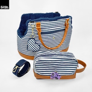 Designer dog carrier summer, luxury maritime pet carrying bag blue white, navy puppy carry purse with hard bottom + shoulder strap