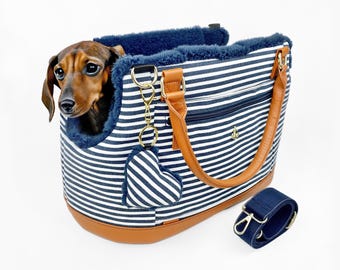 Canvas Dog Carrier Bag: Blue + White Striped Pet Travel Tote, Mini Dachshund Handbag