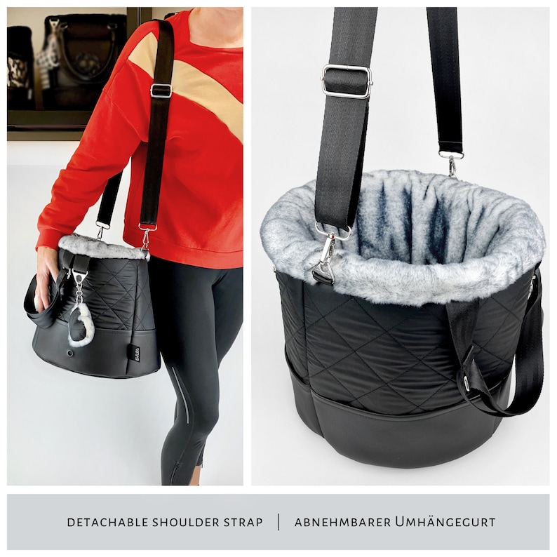 Black pet carrier bag with detaschbale crossbody shoulder strap with clip