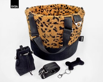 Small dog carrier bag + bed with crossbody shoulder strap, pet travel bag teddy fur, animal print dog carrier tote bag