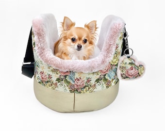 Floral Dog Carrier Purse: Small Puppy Carrier Tote Bag with Soft Pink Faux Fur