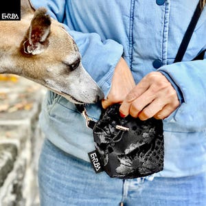 Small dog treat pouch cross body with shoulder strap, black puppy snack bag for training with belt clip