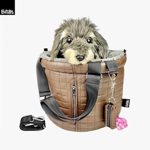 Hundetasche braun aus veganem Leder, Tragetasche für kleine Hunde mit Fell, Hundetragetasche Hundebett mit Schultergurt zum umhängen