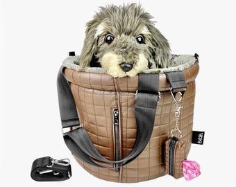 Small dog carrier tote bag brown vegan leather, pet carrying pouch with shoulder starp
