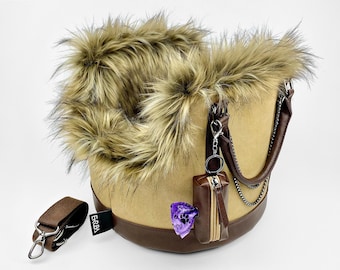Canvas Dog Carrier Tote: Small Pet Purse Beige Brown with Fluffy Fur Lining