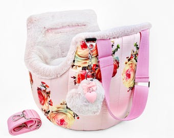 Small Dog Carrier Floral: Girly Puppy Travel Bag, Quilted Pet Purse Pink