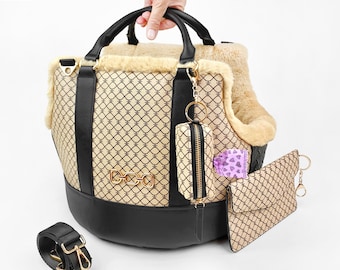 Designer Dog Purse Small: Luxury Pet Carrier Handbag Beige Black