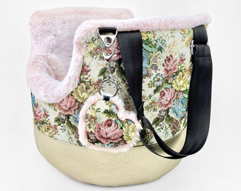 Floral dog carrier purse, small pet carrier handbag, dog travel bag with shoulder strap