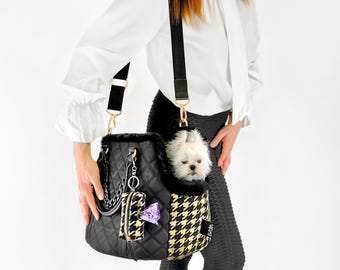Designer Dog Purse: Small Pet Carrier Travel Bag Black Gold with Shoulder Strap
