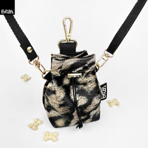 Leopard dog treat pouch with shoulder strap and clip, small pet snack bag with belt for training
