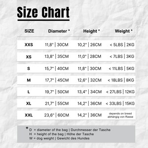 Size chart shows measurements for 7 sizes of a dog carrier bag in black