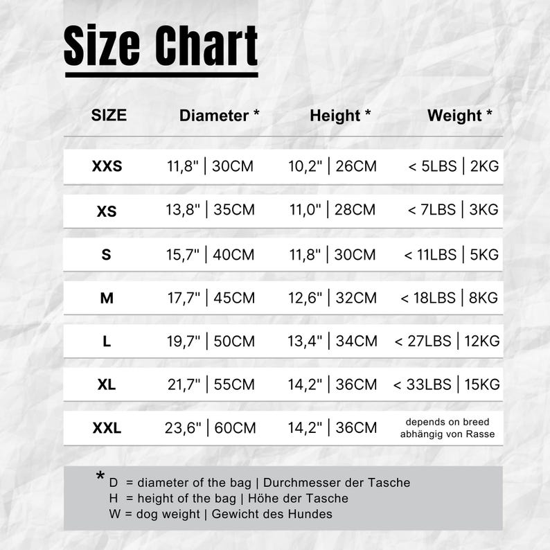 Size chart shows measurements for 7 sizes of a dog carrier bag in black
