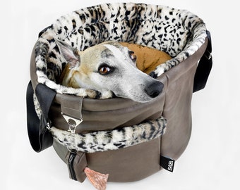 Dog travel bag + bed, luxury pet carrier from vegan leather, greyhound travel tote bag