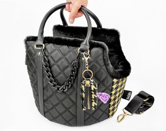Designer Dog Purse Carrier: Luxury Black Pet Tote Bag Quilted for Toy Breeds
