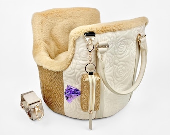 Bolso de lujo para transportar perros XS: Bolso pequeño para mascotas beige y dorado