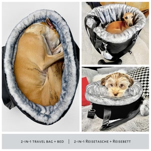 2 in 1 dog travel bag and bed for small and large dogs from black quilted fabric and vegan leather