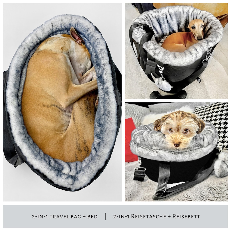 2 in 1 dog travel bag and bed for small and large dogs from black quilted fabric and vegan leather