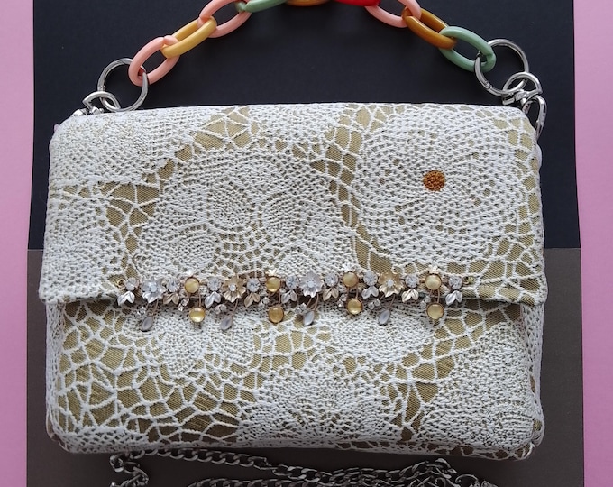 High-end recycled designer fabric handbag or shoulder bag, handmade in a unique piece, French artisanal creation