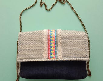 Mini designer fabric bag and denim canvas and braid embroidered with pearls handmade in a unique piece of luxury French designer