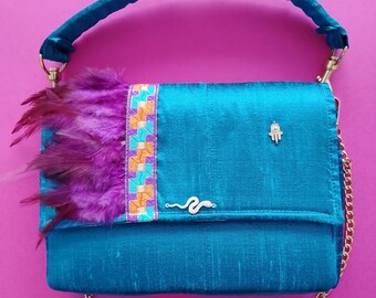Turquoise shantung silk and feather bag for evening ceremony haute couture style handmade unique piece rare French artisanal creation