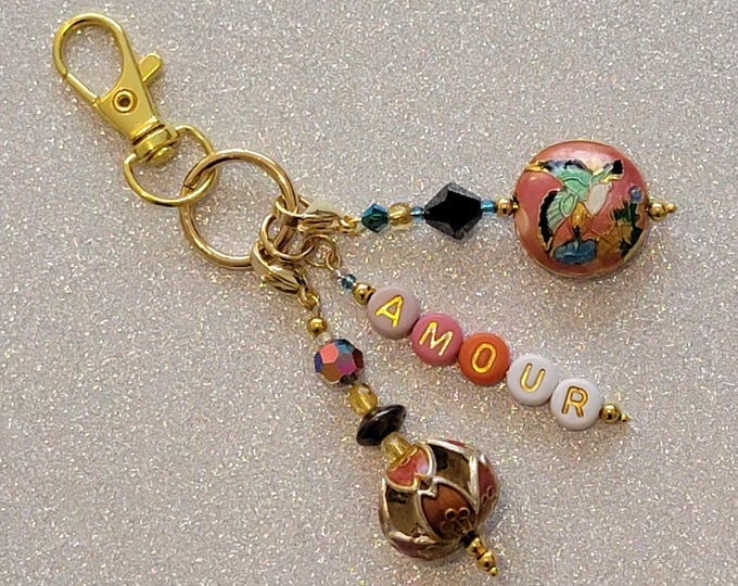 Bag charm or lucky charm in cloisonné beads and love letter beads, precious and chic gold-tone metal clasp, handmade, unique piece in France