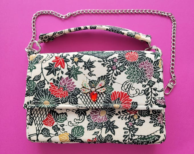 Featured listing image: Evening or party bag in vintage Japanese kimono silk and handmade costume jewelry in a unique piece, handcrafted and original creation in France